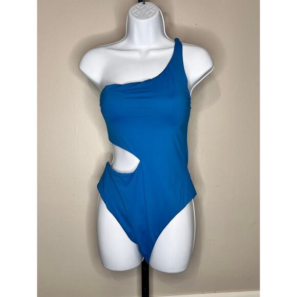 NWT Aqua Swim Cutout One Shoulder One Piece Swimsuit Pull-On Blue Women's L - Picture 2 of 5